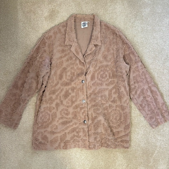 Vintage Brown Chenille Floral Rosette Collared Button Down Jacket Shacket XL 90s - Picture 2 of 9